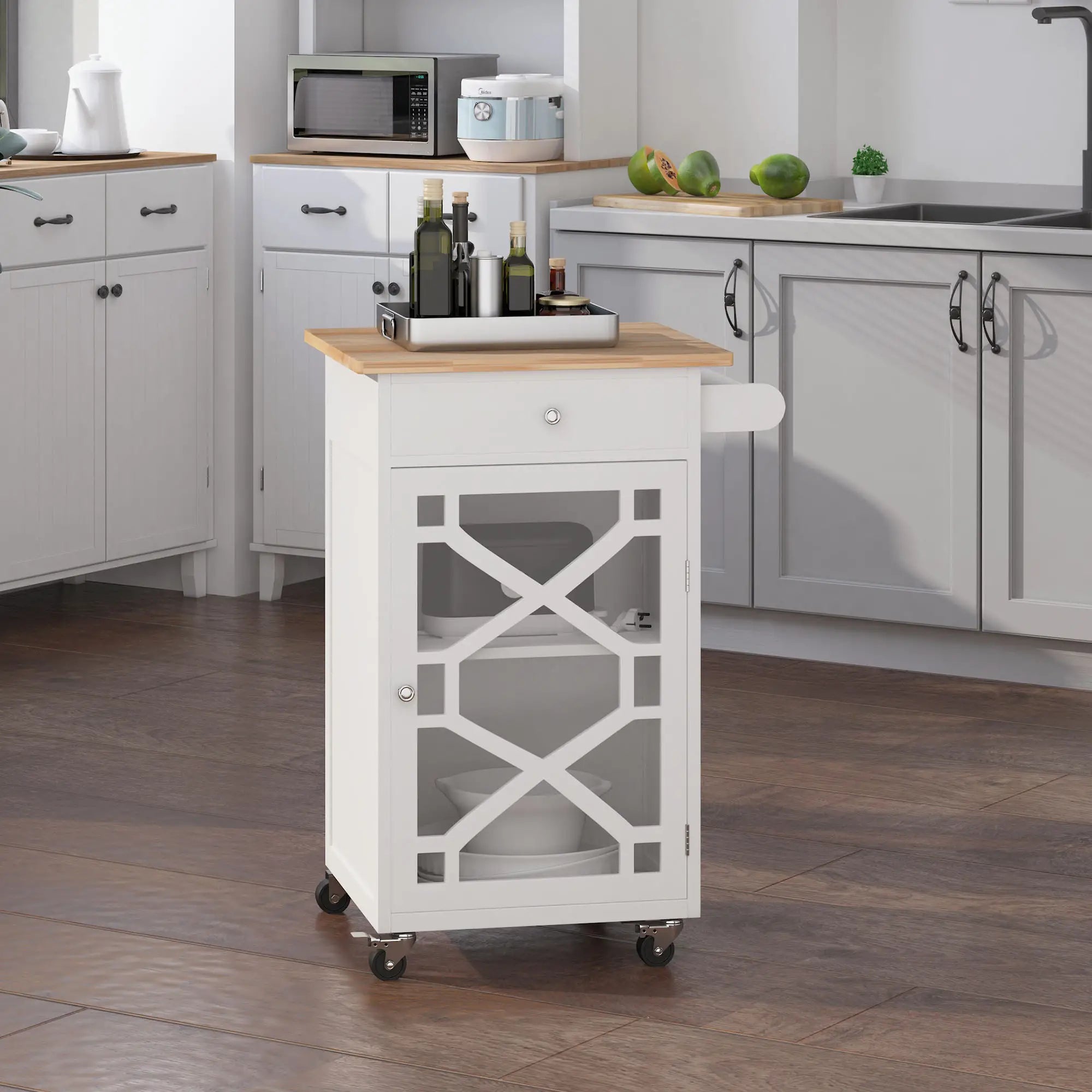 Kitchen Cart on Wheels, Adjustable Shelf, Towel Rack, White Kitchen Islands & Kitchen Carts at Gallery Canada