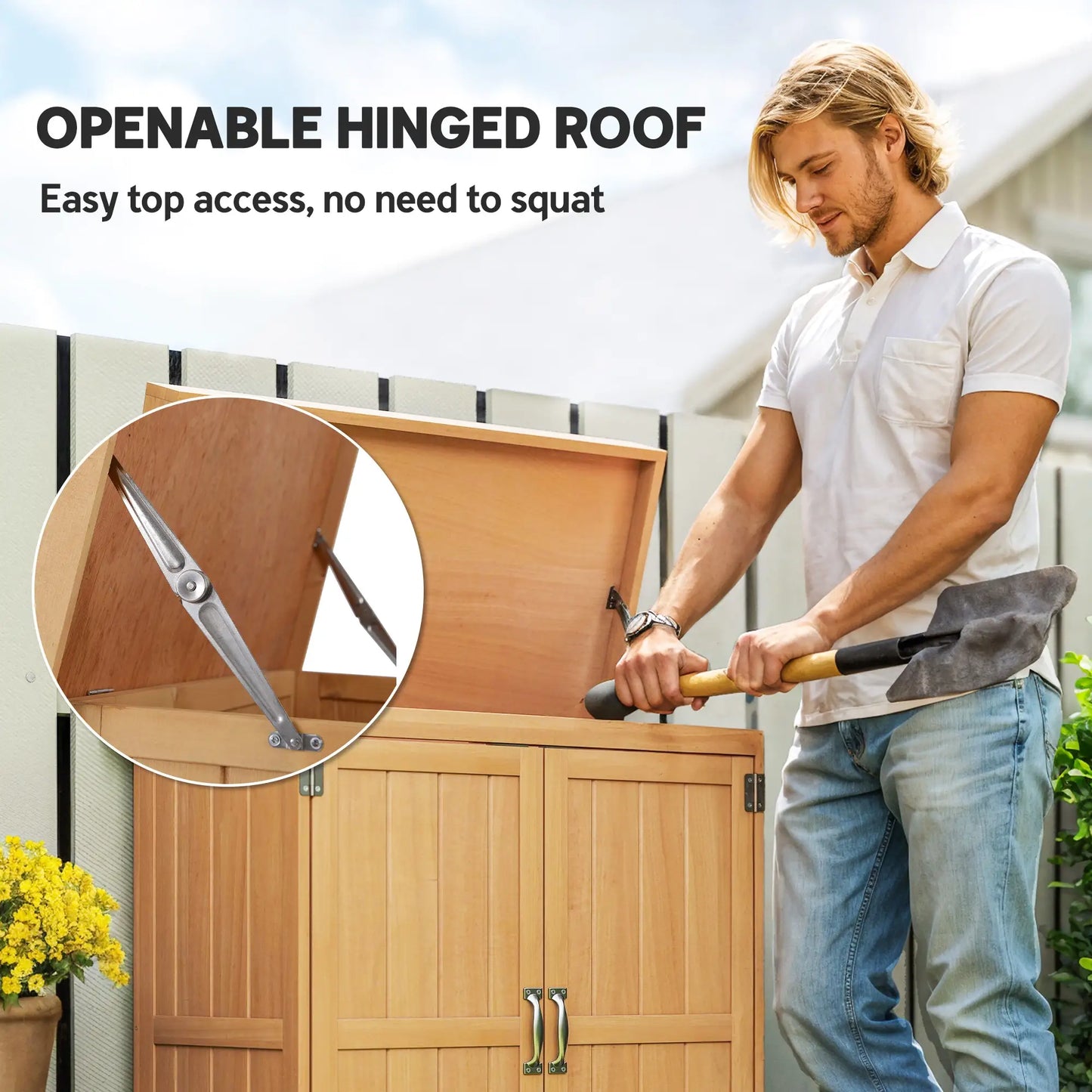 Wooden Garden Tool Shed, Hinged Roof, 2-Tier Shelves, Double Doors, 74x43x88cm, Natural Wood Sheds at Gallery Canada