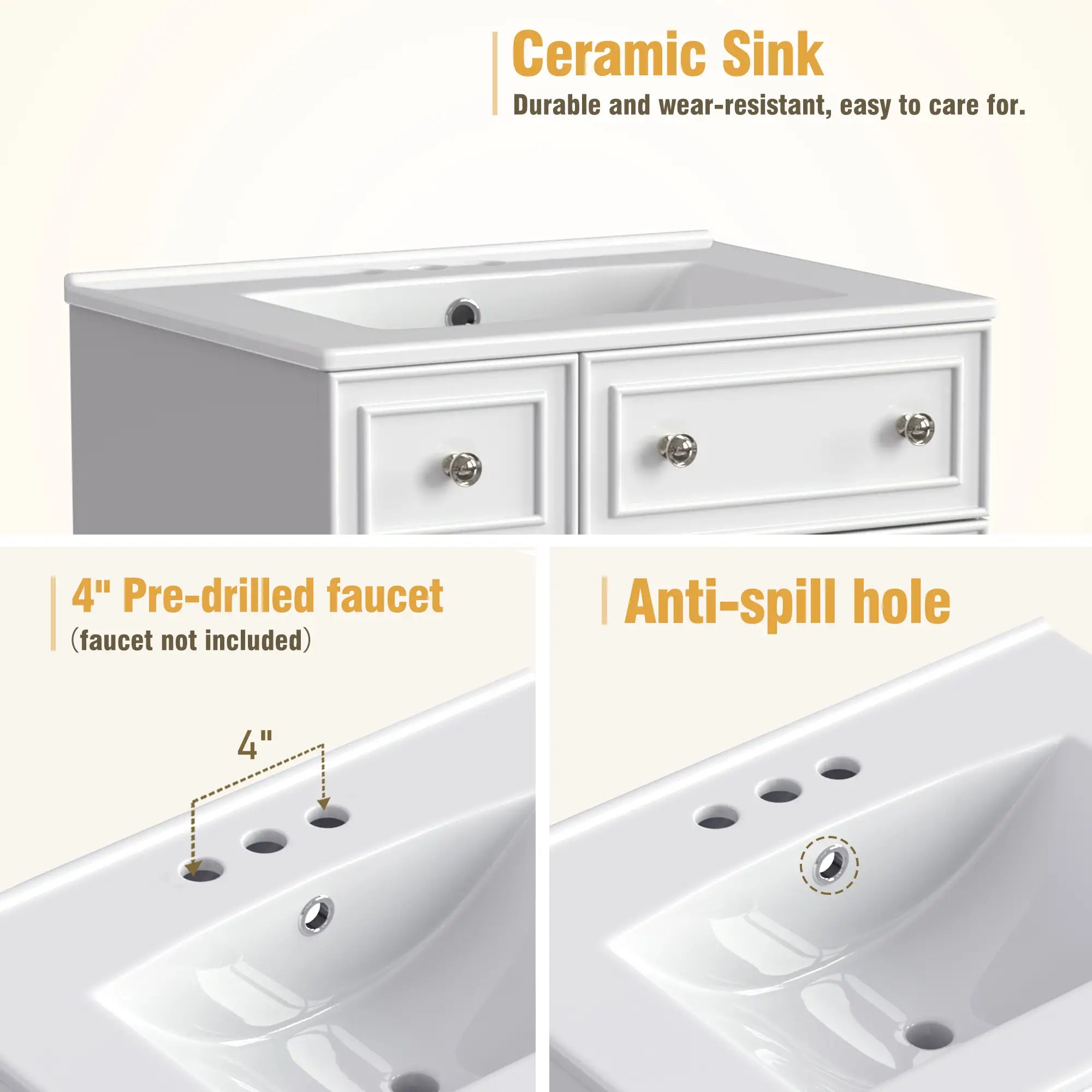 Bathroom Vanity Cabinet, 2 Drawers, Ceramic Sink, Solid Wood, 24