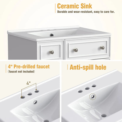 Bathroom Vanity Cabinet, 2 Drawers, Ceramic Sink, Solid Wood, 24" L x 18.5" W x 34.5" H, White Sink Cabinets at Gallery Canada