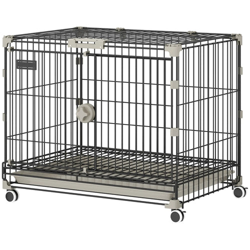 Foldable Dog Crate, 24 Inch Metal Cage, Removable Tray, Lockable Wheels, Black