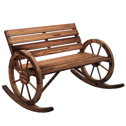 Wood Outdoor Loveseat, Carbonized, Wagon Wheel Armrests Outdoor Rocking Chairs at Gallery Canada