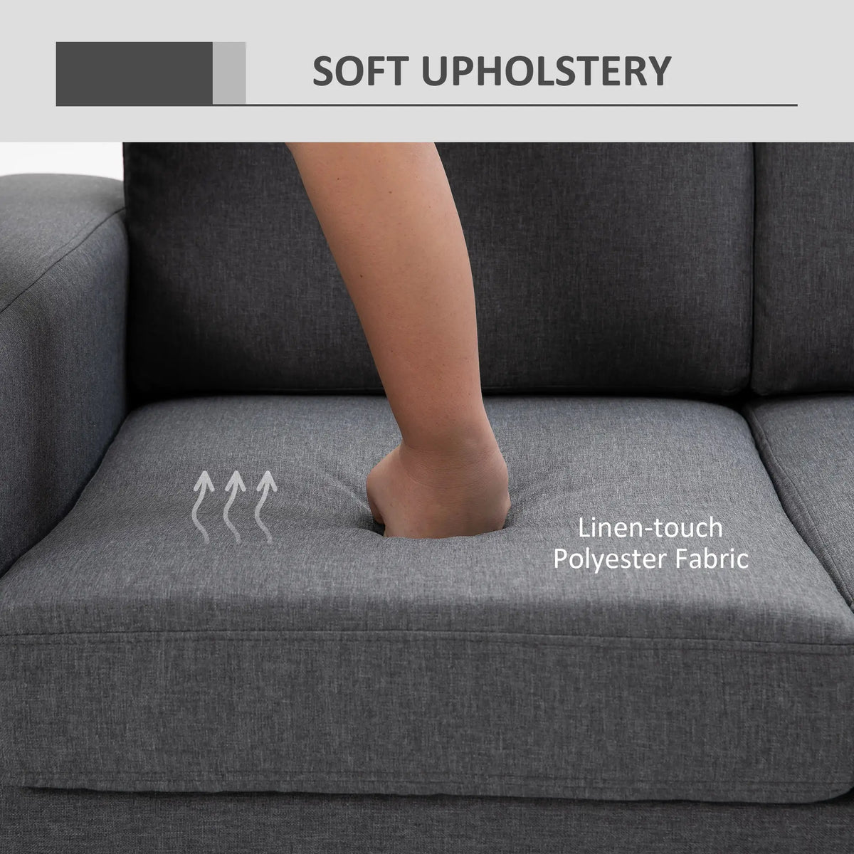 3 Seater Sofa, Linen Upholstered, Steel Leg, Wide Armrest, Grey 3-Seater Sofas at Gallery Canada