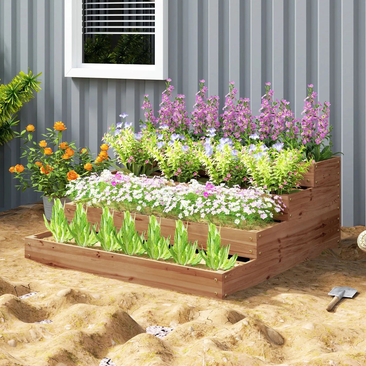 4-Tier Raised Garden Bed, Wooden Elevated Planter Box with Liner, Dark Brown Raised Garden Beds at Gallery Canada