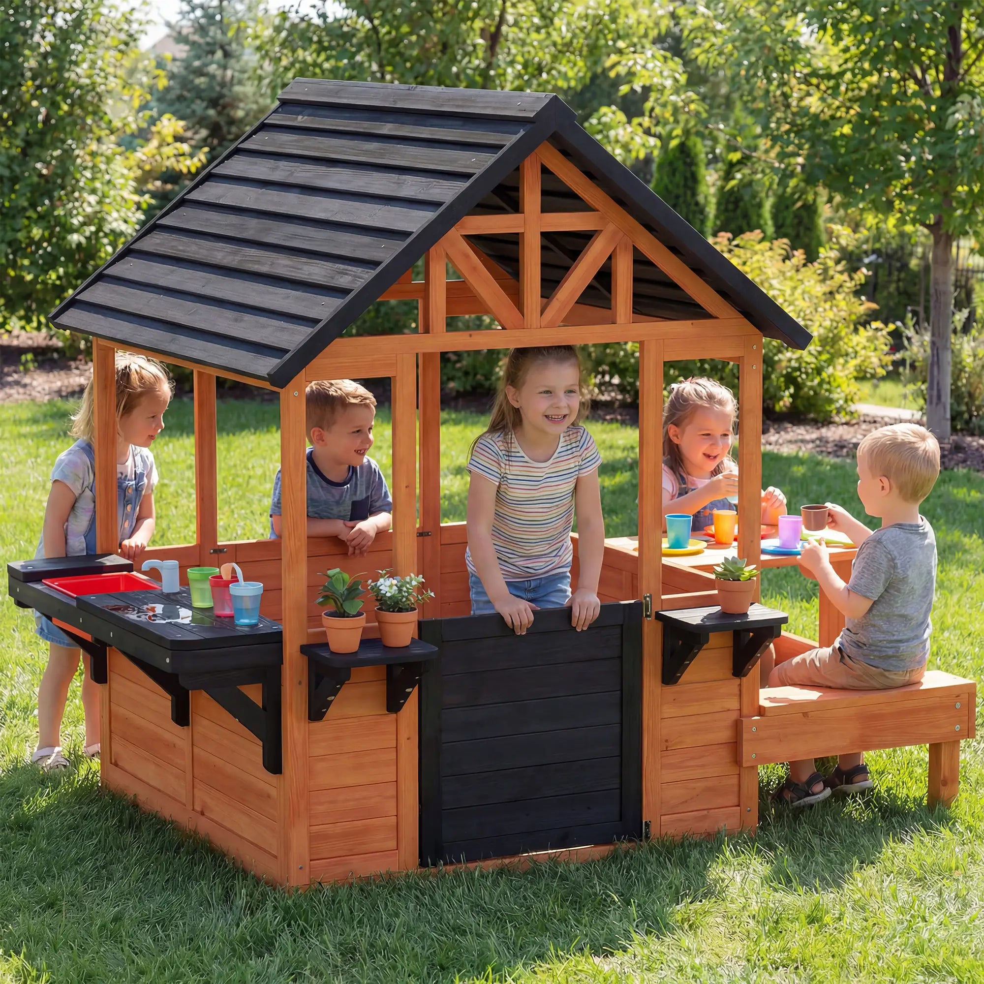Wooden Playhouse With Table, Benches, Sink, Windows, Flowerpot Holders, Brown Play Houses at Gallery Canada