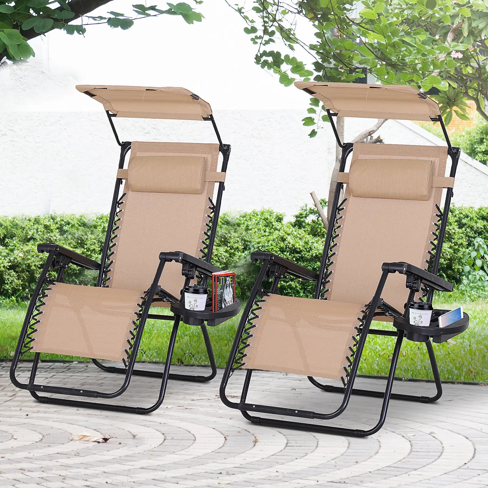 2 Piece Foldable Lounge Chair with Canopy, Outdoor Zero Gravity Chair, Beige Lounger Chairs at Gallery Canada