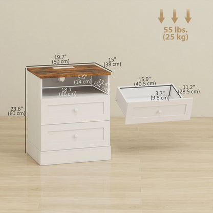 Nightstand with Charging Station 2 Drawers Bedside Table Set of 2 White and Oak Bedside Tables at Gallery Canada
