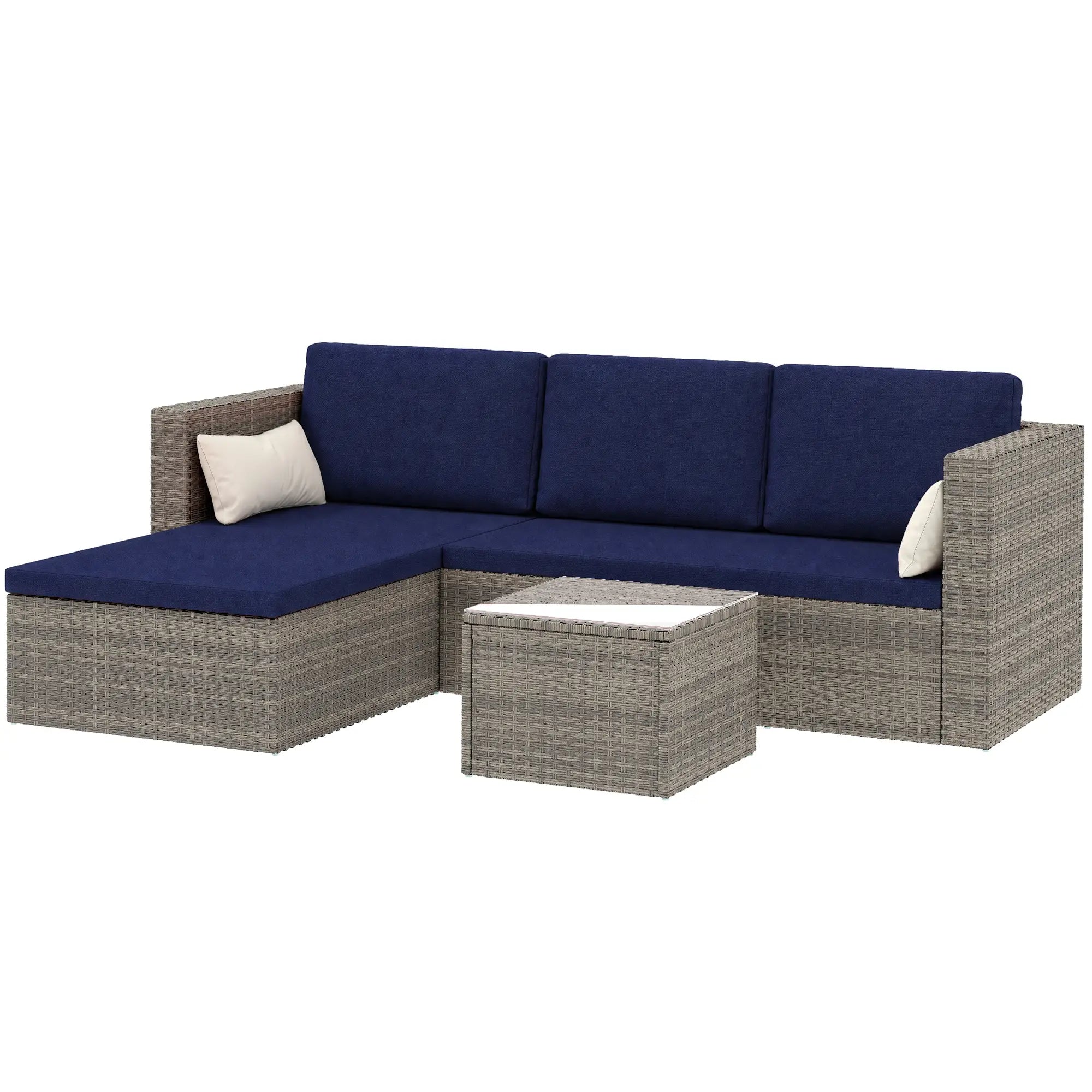 3Pc Rattan Sofa Set With Coffee Table, Cushions, Pillows Patio Furniture Sets Navy Blue at Gallery Canada
