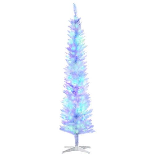7' Pencil Artificial Christmas Tree, Colourful LED Lights, White