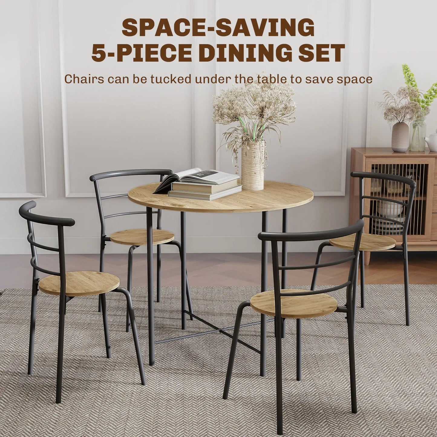 5 Piece Dining Table Set, Round for 4, Metal Frame, Natural Dining Table Sets at Gallery Canada
