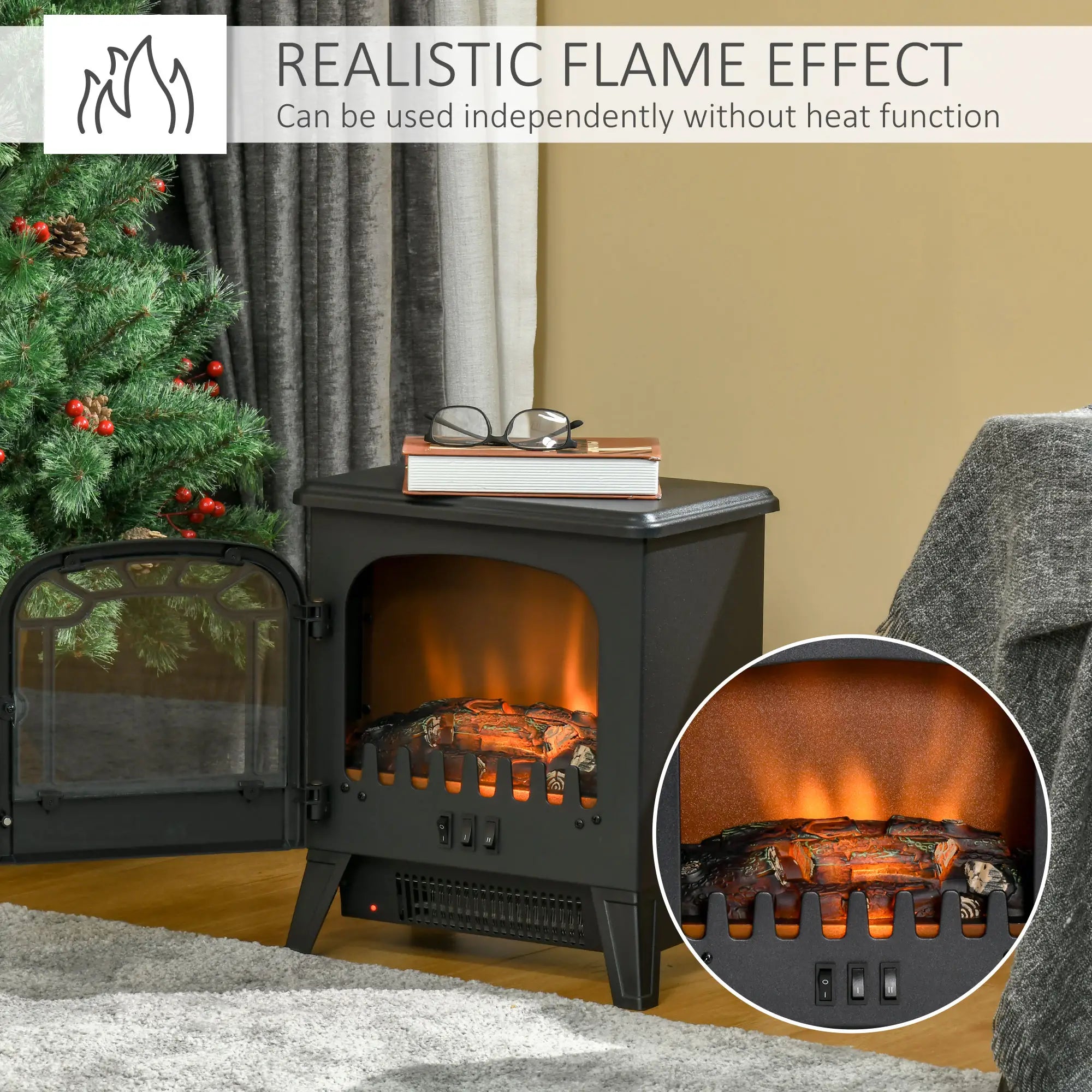Freestanding Electric Fireplace Stove Heater, Realistic Flame, Overheat Protection, 750W/1500W, Black Electric Fireplaces at Gallery Canada