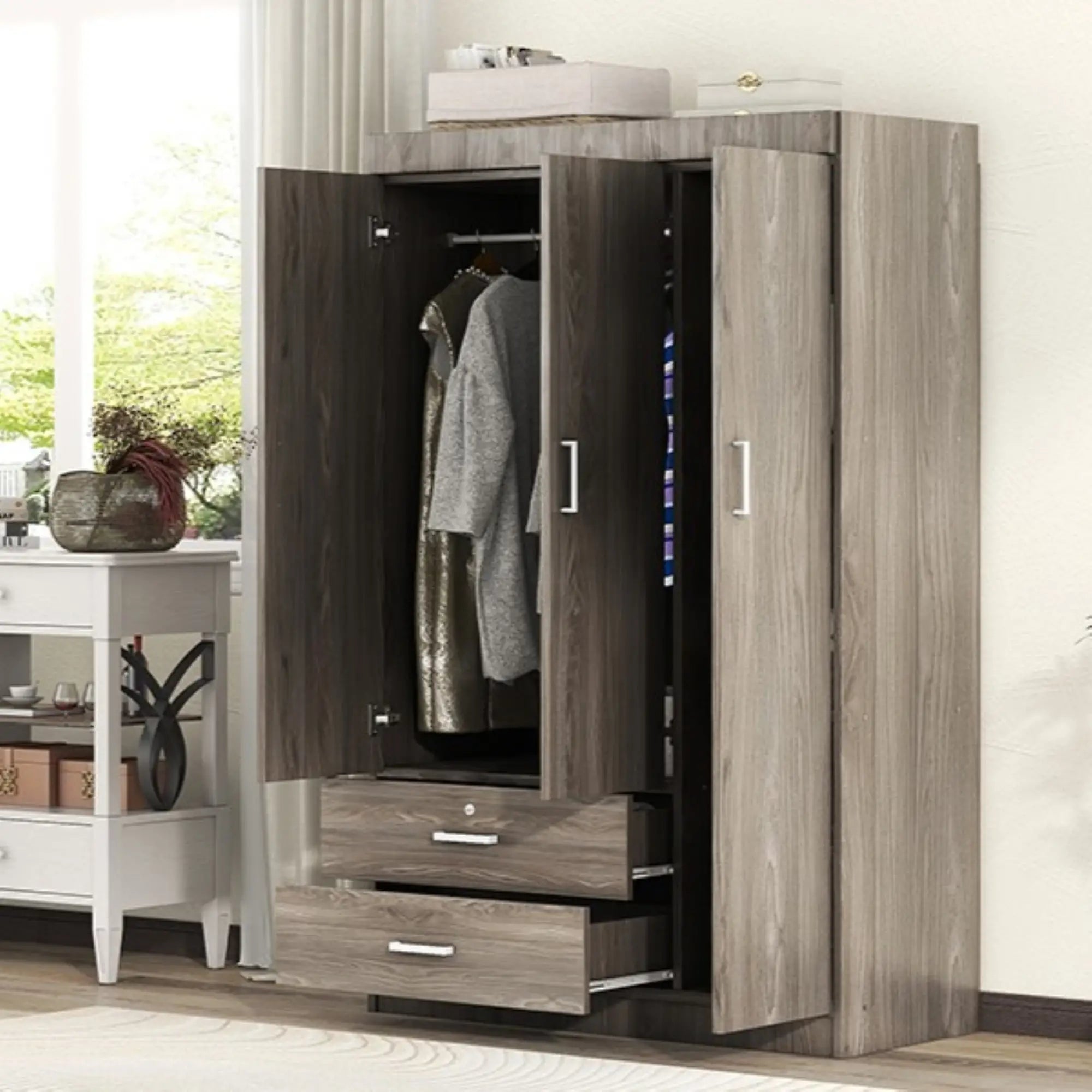 Modern Wardrobe, 2 Drawers, MDF, Hanging Rail, 41.5