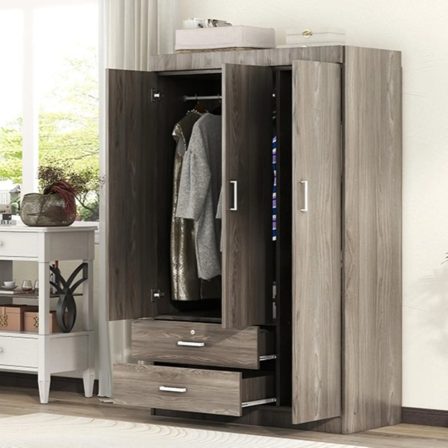 Modern Wardrobe, 2 Drawers, MDF, Hanging Rail, 41.5" L x 18.5" W x 68" H, Grey Clothing Storage at Gallery Canada