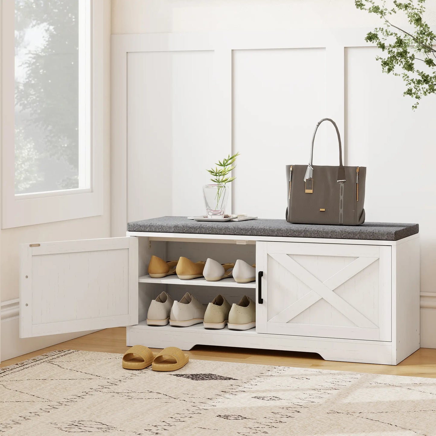 Shoe Bench With Cushion, Adjustable Shelves, Doors, White
