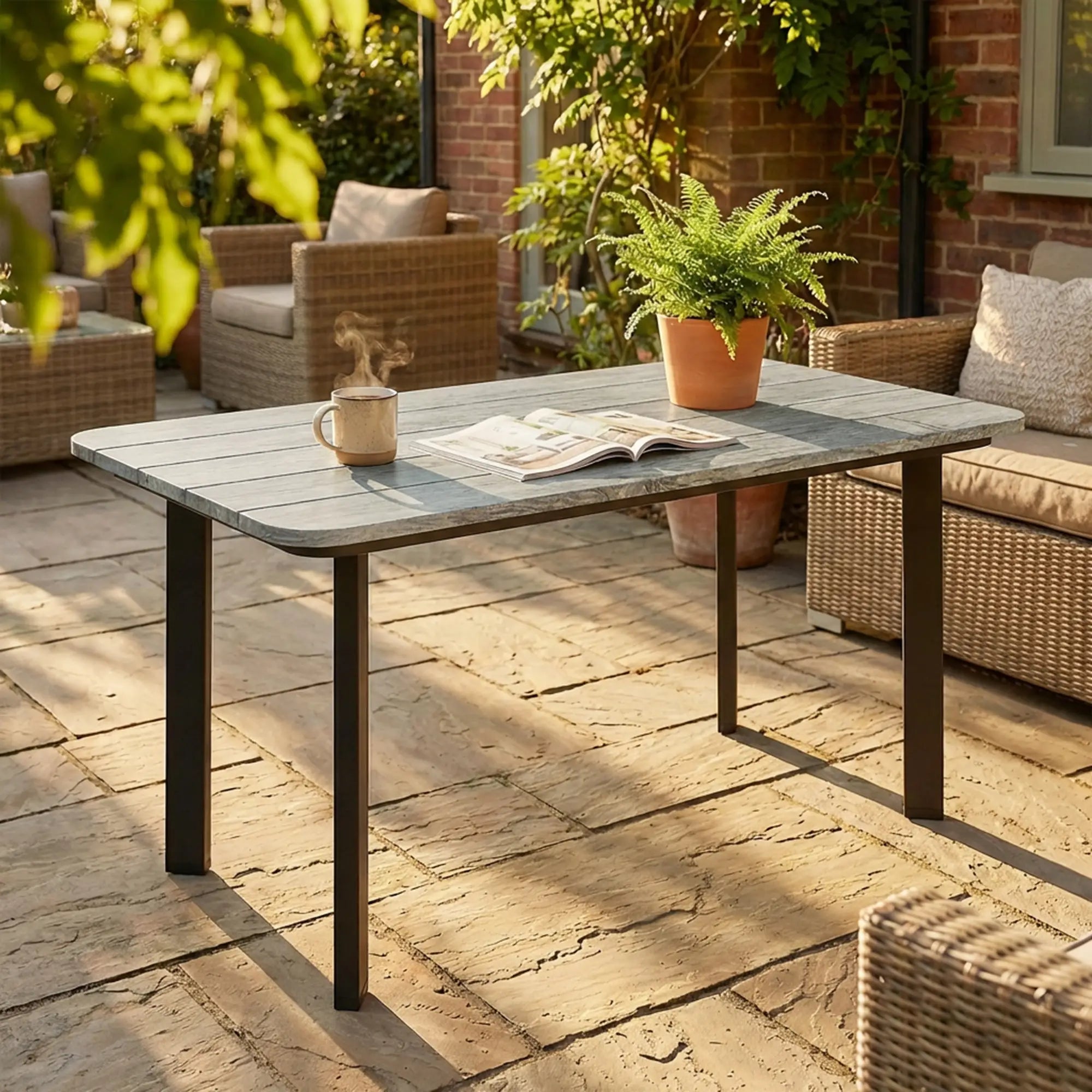 Outdoor Coffee Table, Slatted Wood Plastic Composite Top, Steel Frame, Grey Patio Side Tables at Gallery Canada