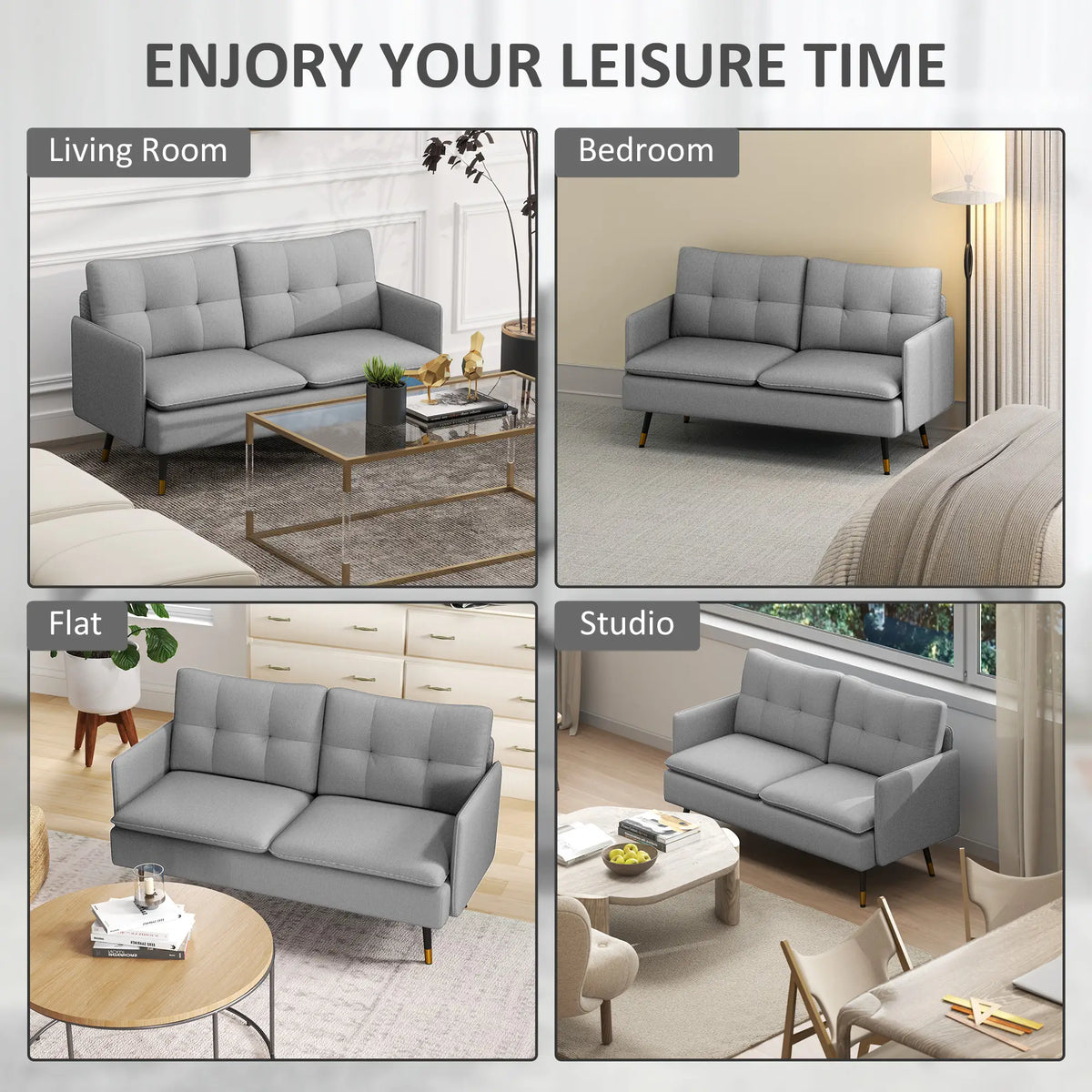 Linen Loveseat Sofa With Steel Legs, 55 Inch, Grey 2-Seater Sofas at Gallery Canada