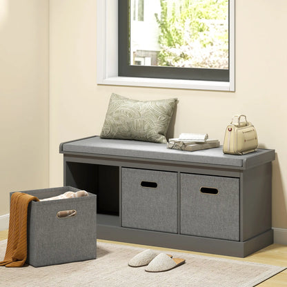 Shoe Storage Bench with Seat, 3 Fabric Drawers, Grey