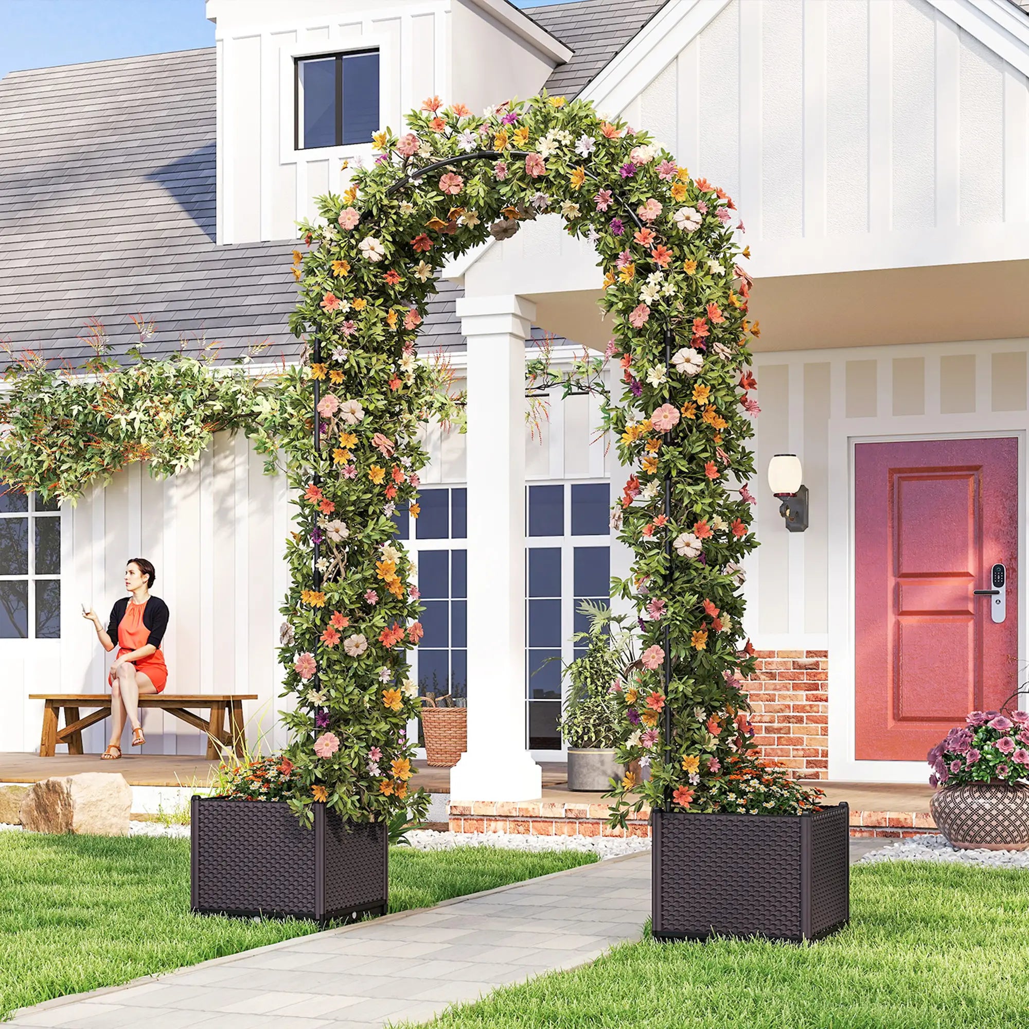 8ft Garden Arch with Planters, Steel Trellis Arbor, Brown, Black Garden Arches at Gallery Canada
