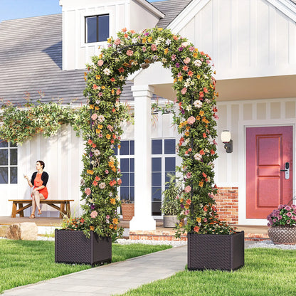 8ft Garden Arch with Planters, Steel Trellis Arbor, Brown, Black Garden Arches at Gallery Canada