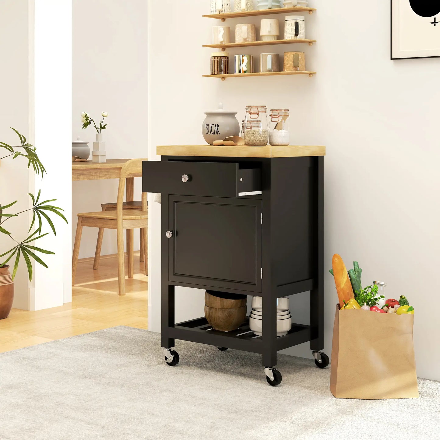 Rolling Kitchen Cart, Wood Top with Towel Rack, Drawer, Shelf, Black Kitchen Islands & Kitchen Carts at Gallery Canada