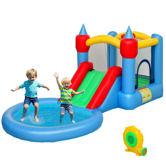 Maison Gonflable à Rebond avec Toboggan, Basketball, Piscine à Balles, 163" x 81" x 75"