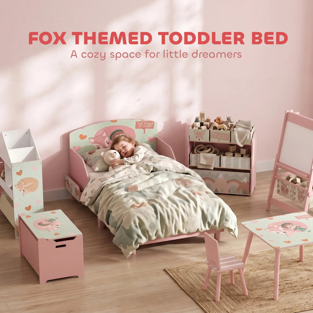 Toddler Bed, Bedside Storage, Guard Rails, 132x70x10cm, Pink Fox Print