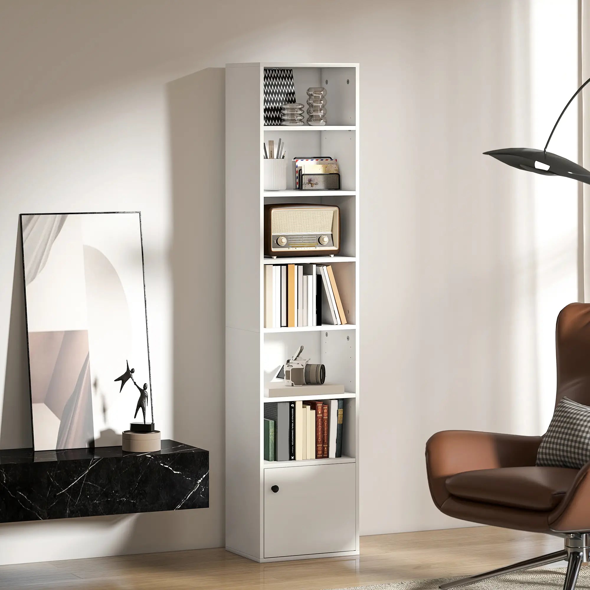 7-Tier Bookcase, Display Shelf with Cabinet, White Display Bookshelves at Gallery Canada