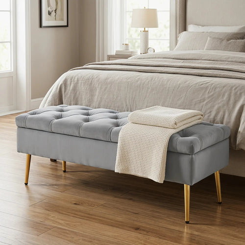 Upholstered Bedroom Bench with Gold Tone Metal Legs, Velvet Tufted and Thick Padding, Grey