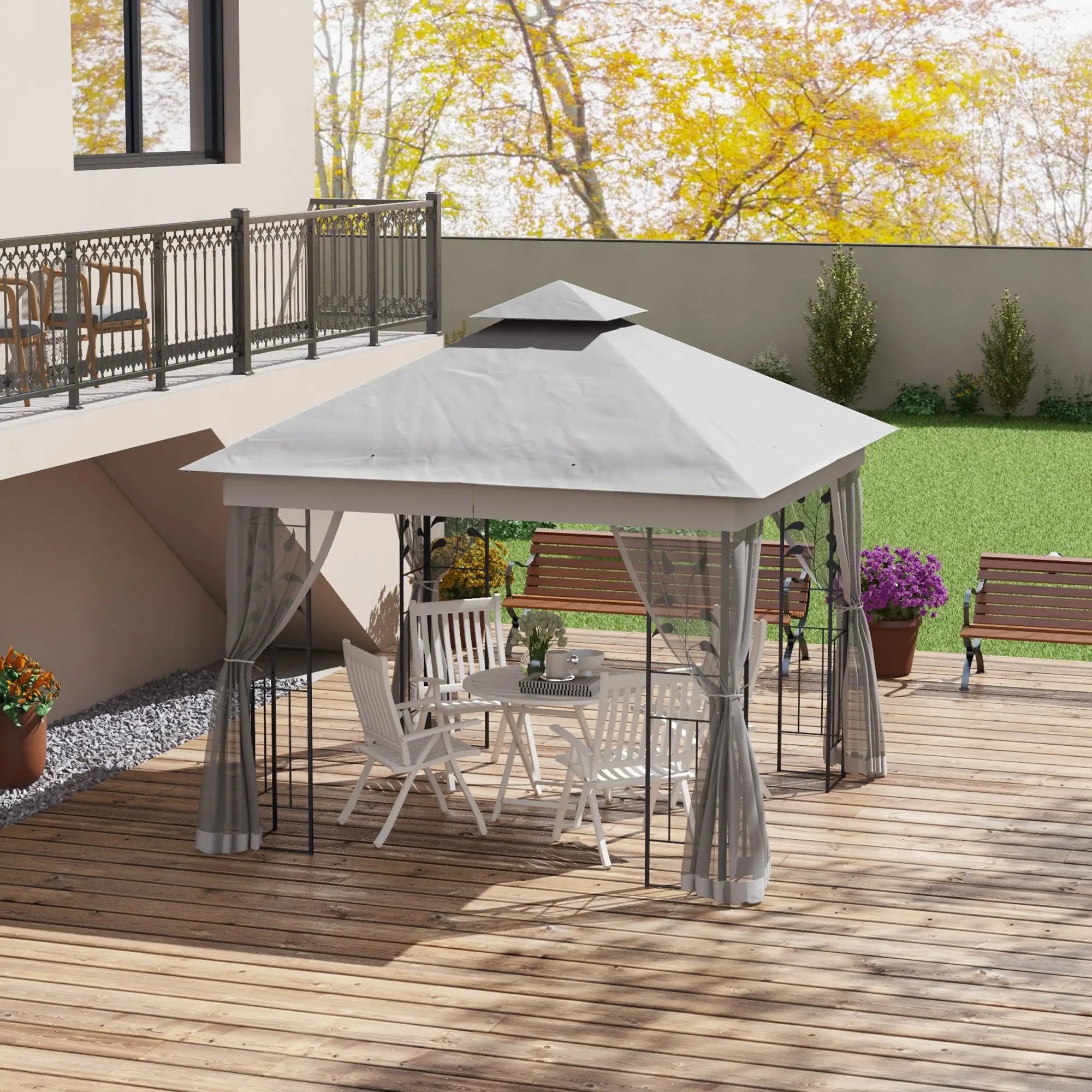 10'x10' Steel Patio Gazebo, Soft-Top, 2-Tier Polyester Roof, Light Grey Gazebos at Gallery Canada