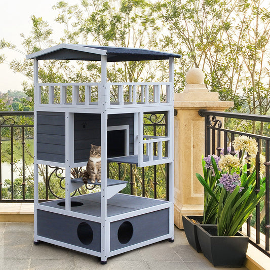 4-Floor Wood Outdoor Cat House Catio for Cats with Condo, Fun Entrances, Perch, Grey - Gallery Canada