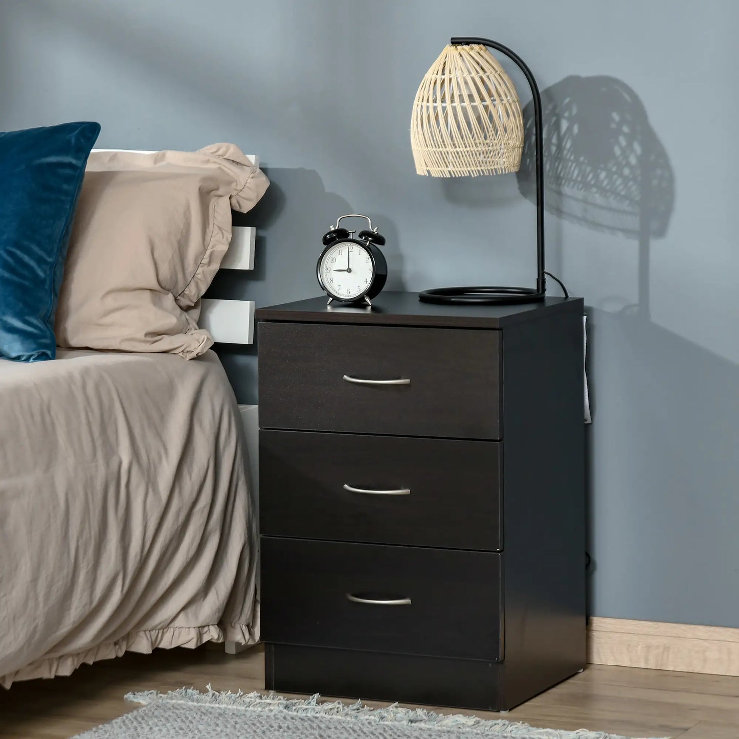 Modern Night Stand, 3 Drawers, Metal Rail, Dark Brown Bedside Tables at Gallery Canada