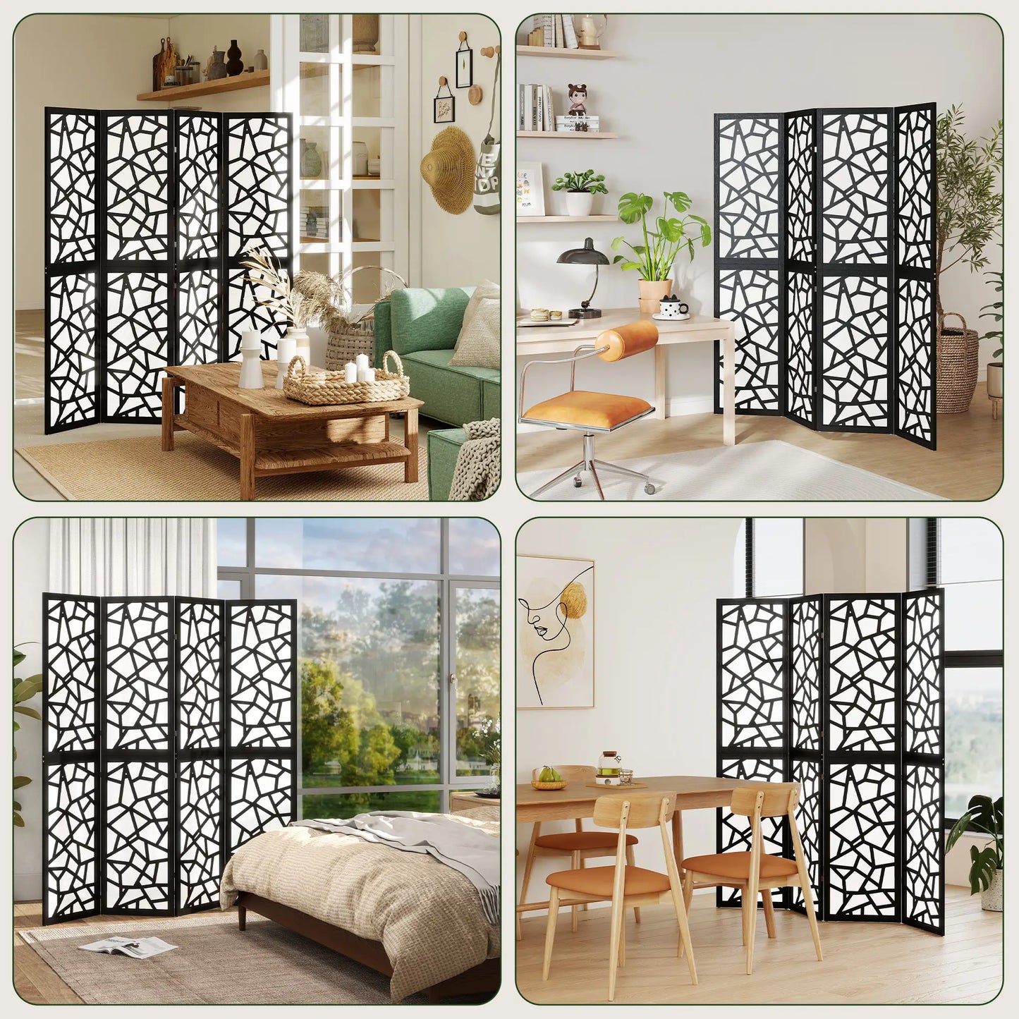 4 Panel Room Divider, 5.6 FT, Geometric Pattern Privacy Screen, Black