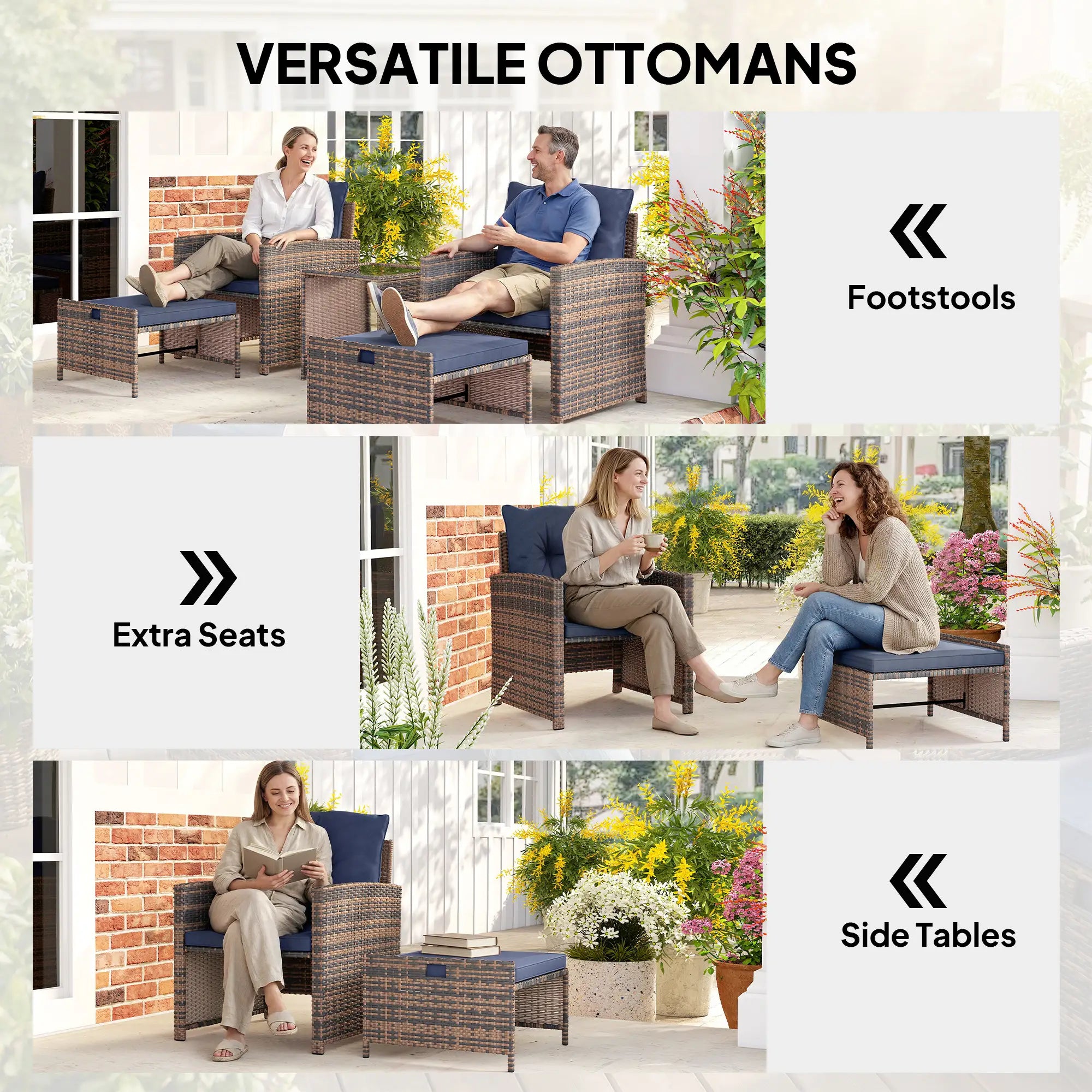 5 Piece Patio Set, Wicker Chairs With Ottomans, Glass Coffee Table, Brown/Dark Blue Patio Furniture Sets at Gallery Canada