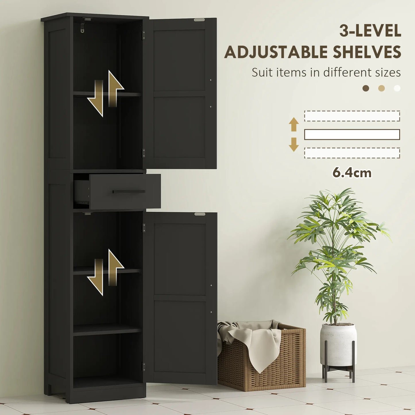 67" Tall Bathroom Cabinet, Narrow Storage with Drawer, Barn Doors, Adjustable Shelves, Black Bathroom Cabinets at Gallery Canada