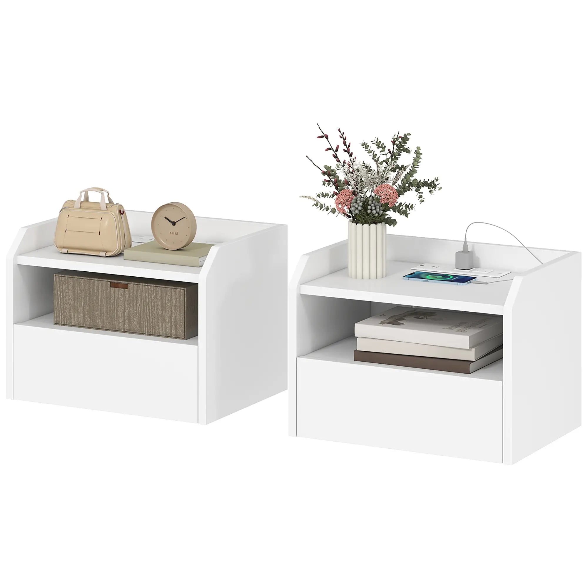 Wall Mounted Bedside Table Set of 2, Charging Station, Drawer, Shelf, White Bedside Tables White at Gallery Canada