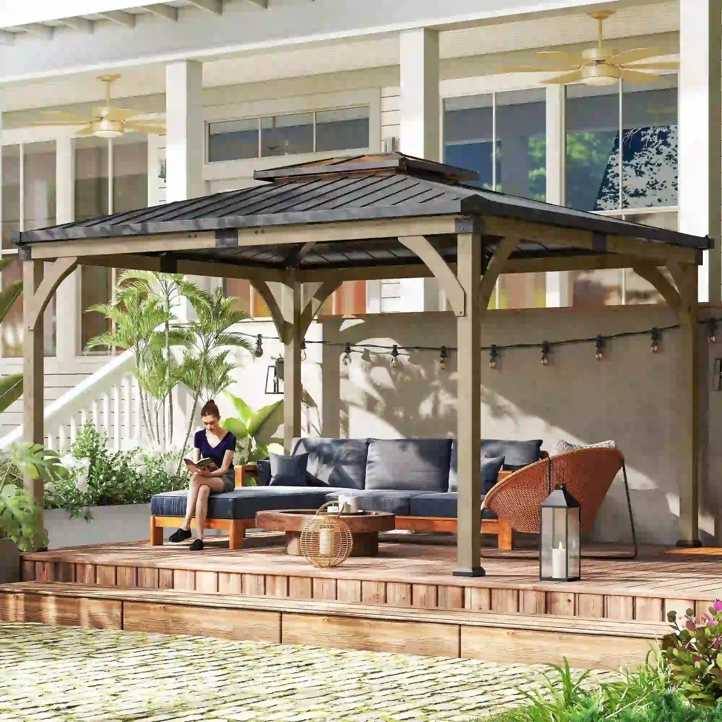 12' x 14' Hardtop Gazebo, Galvanized Steel Roof, Wood Frame, Light Walnut Gazebos at Gallery Canada