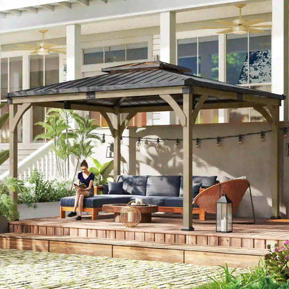 12' x 14' Hardtop Gazebo, Galvanized Steel Roof, Wood Frame, Light Walnut Gazebos at Gallery Canada
