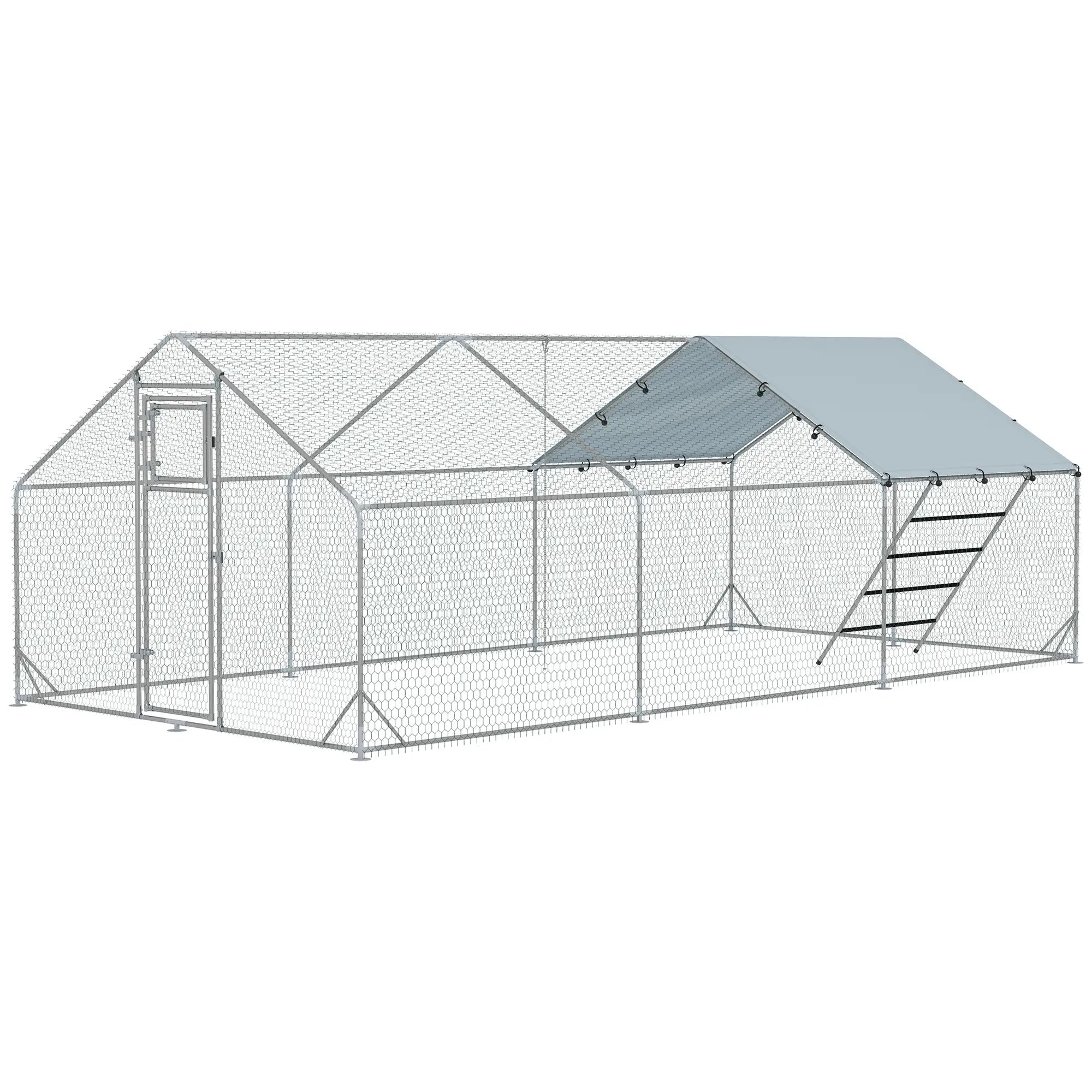 Large Metal Chicken Run, Waterproof UV-Resistant Cover, Feeding Door, Hanging Feeder, Perch, 18-24 Chickens Chicken Coops Silver at Gallery Canada