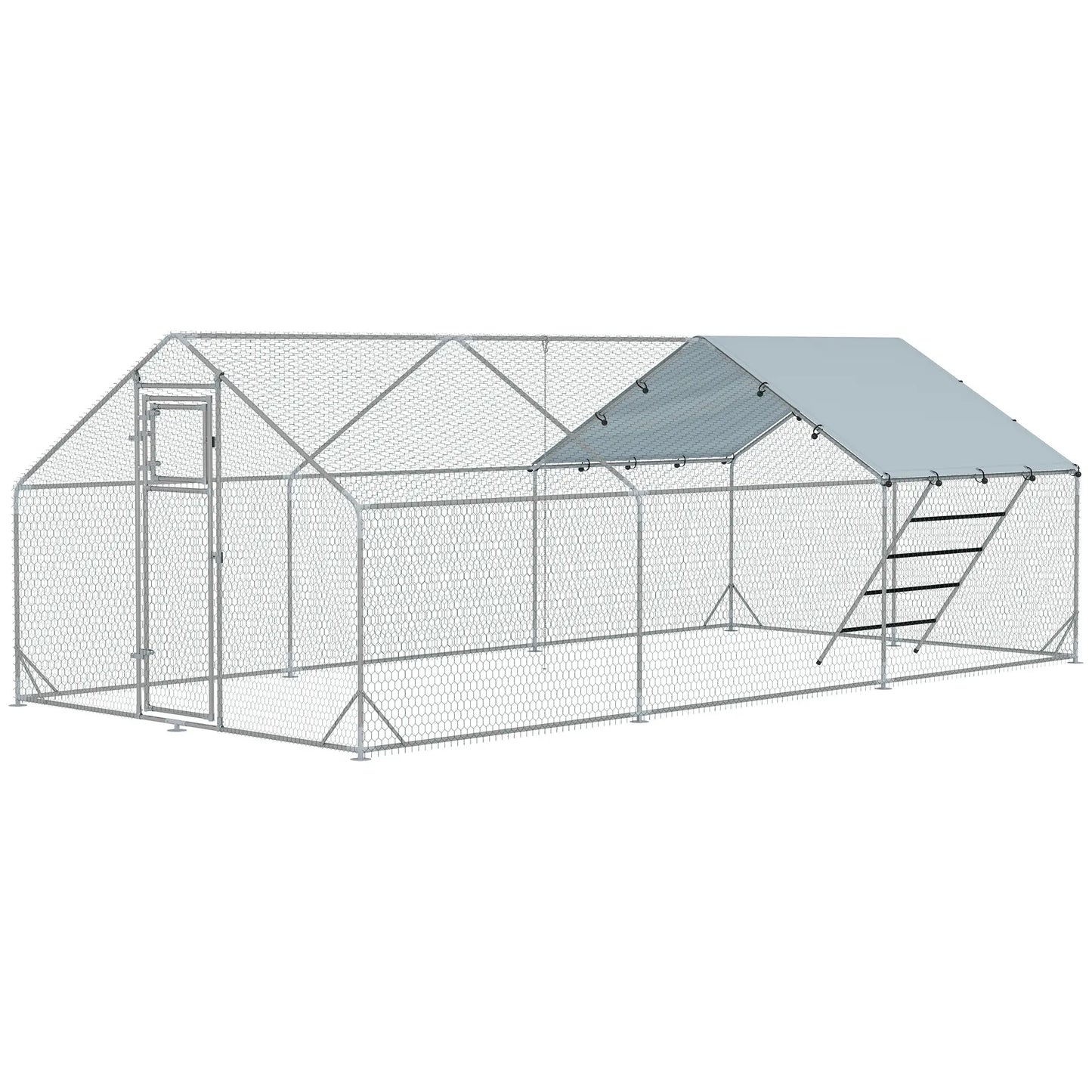 Large Metal Chicken Run, Waterproof UV-Resistant Cover, Feeding Door, Hanging Feeder, Perch, 18-24 Chickens Chicken Coops Silver at Gallery Canada