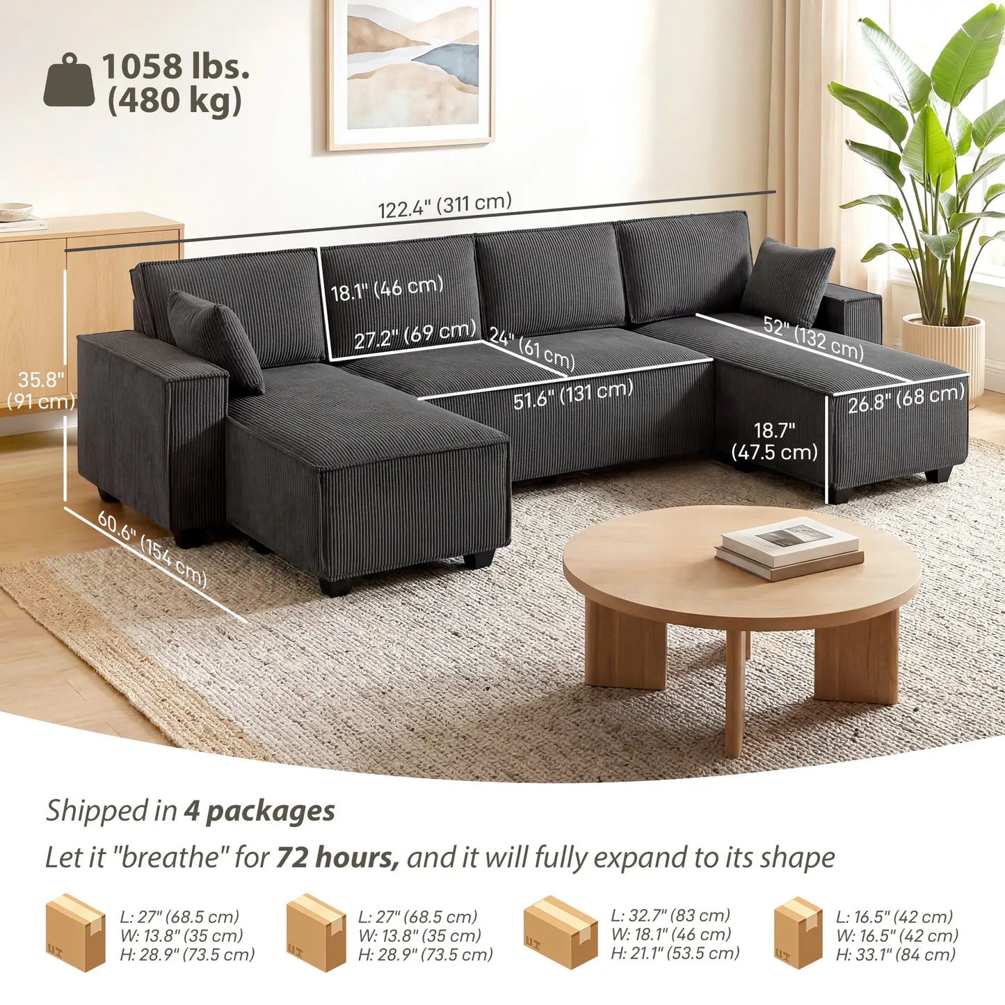 Modular U Shaped Sectional Sofa, Double Chaises, Spring Cushions, Dark Grey L Shaped Couchs at Gallery Canada