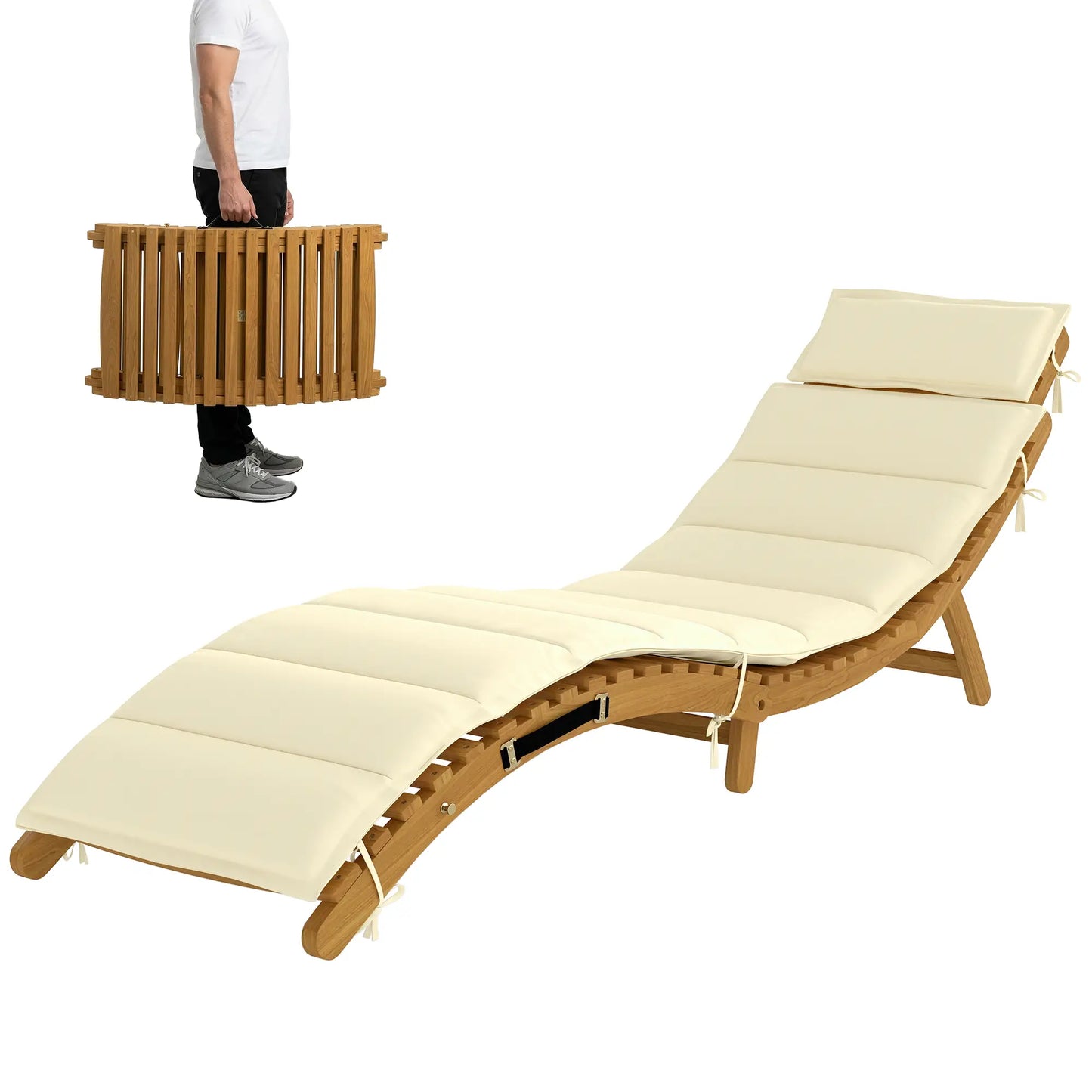 Folding Chaise Lounge Chair, Acacia Wood, Tanning, Cream White Lounger Chairs Natural Wood, Cream White at Gallery Canada