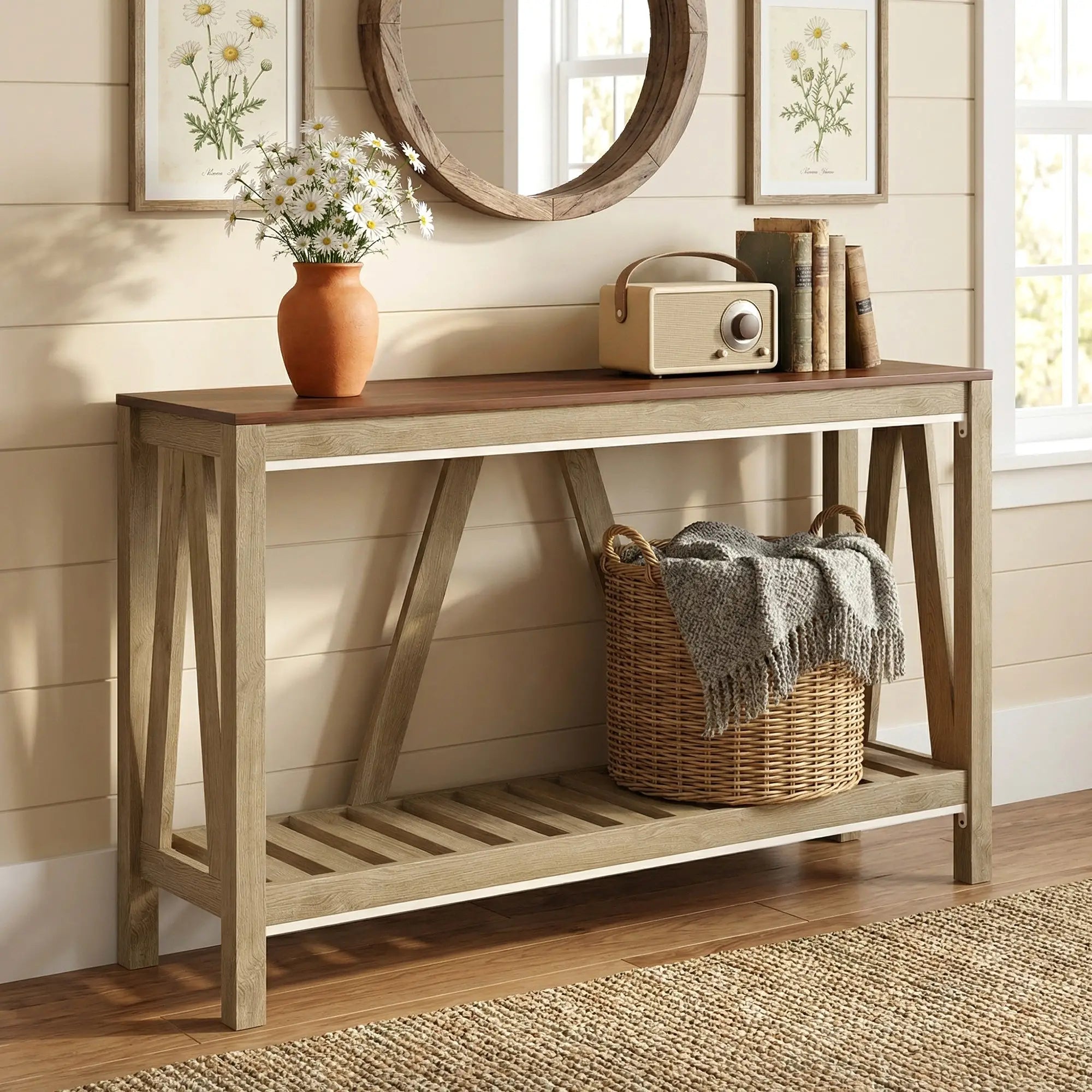 Farmhouse Console Table with Storage Shelf, Rustic Sofa Table, Oak Console Tables at Gallery Canada