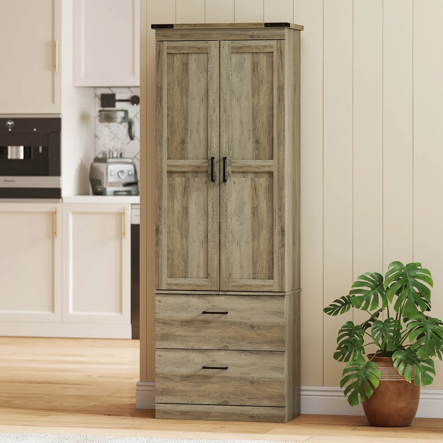 67" Tall Kitchen Pantry Cabinet, Doors, Drawers, Adjustable Shelves, Grey Brown Kitchen Pantry Cabinets at Gallery Canada