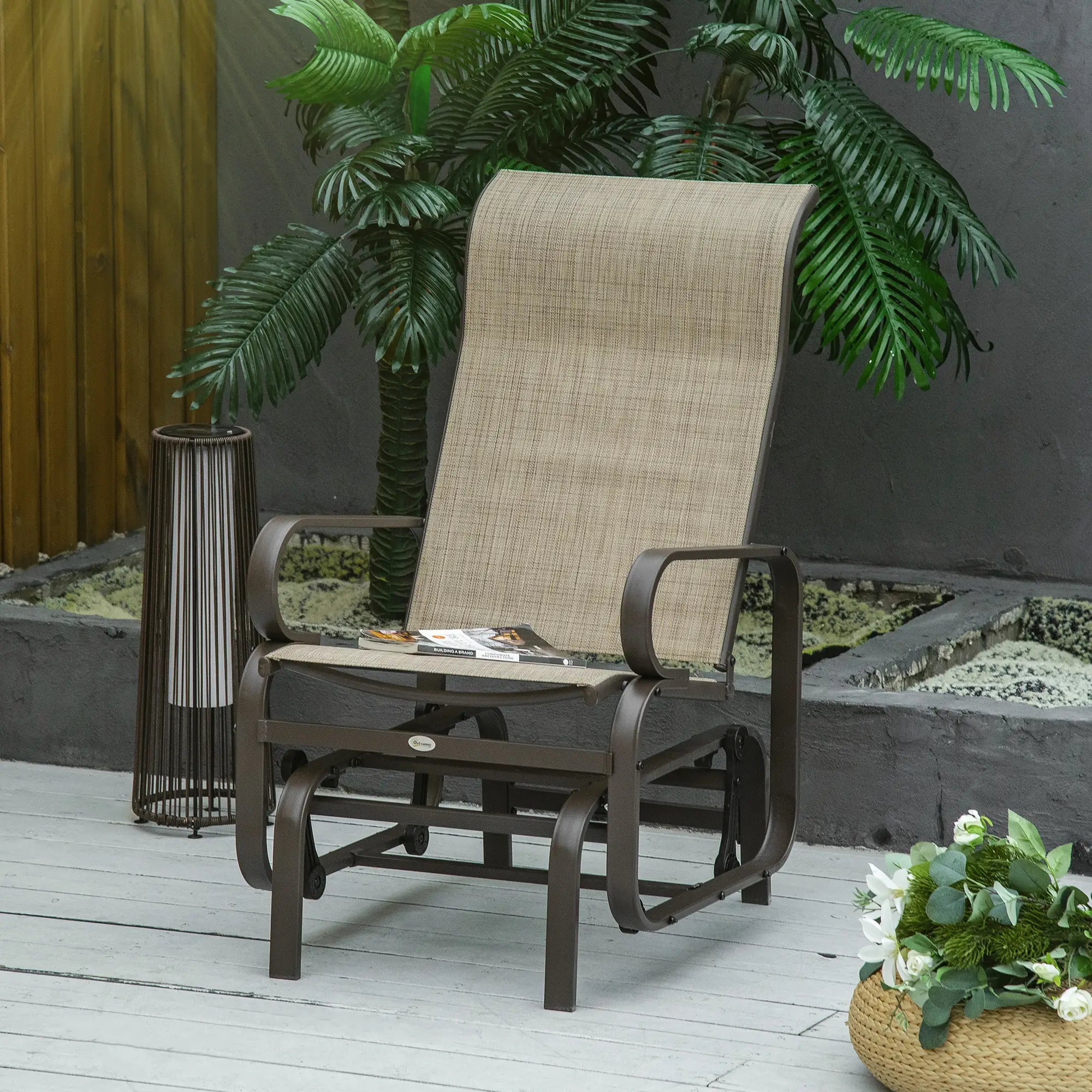Patio Glider with Mesh Fabric, Outdoor Rocking Chair, Brown Flaxen, Brown Outdoor Gliders at Gallery Canada