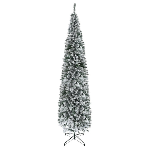 9ft Flocked Pencil Christmas Tree, Realistic Branch Tips, Green