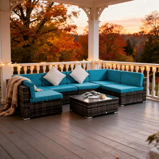 7-Piece Outdoor Rattan Furniture Set, Patio Wicker Sectional Sofa with Cushions, Coffee Table Patio Furniture Sets Brown Rattan, Sky Blue Fabric at Gallery Canada