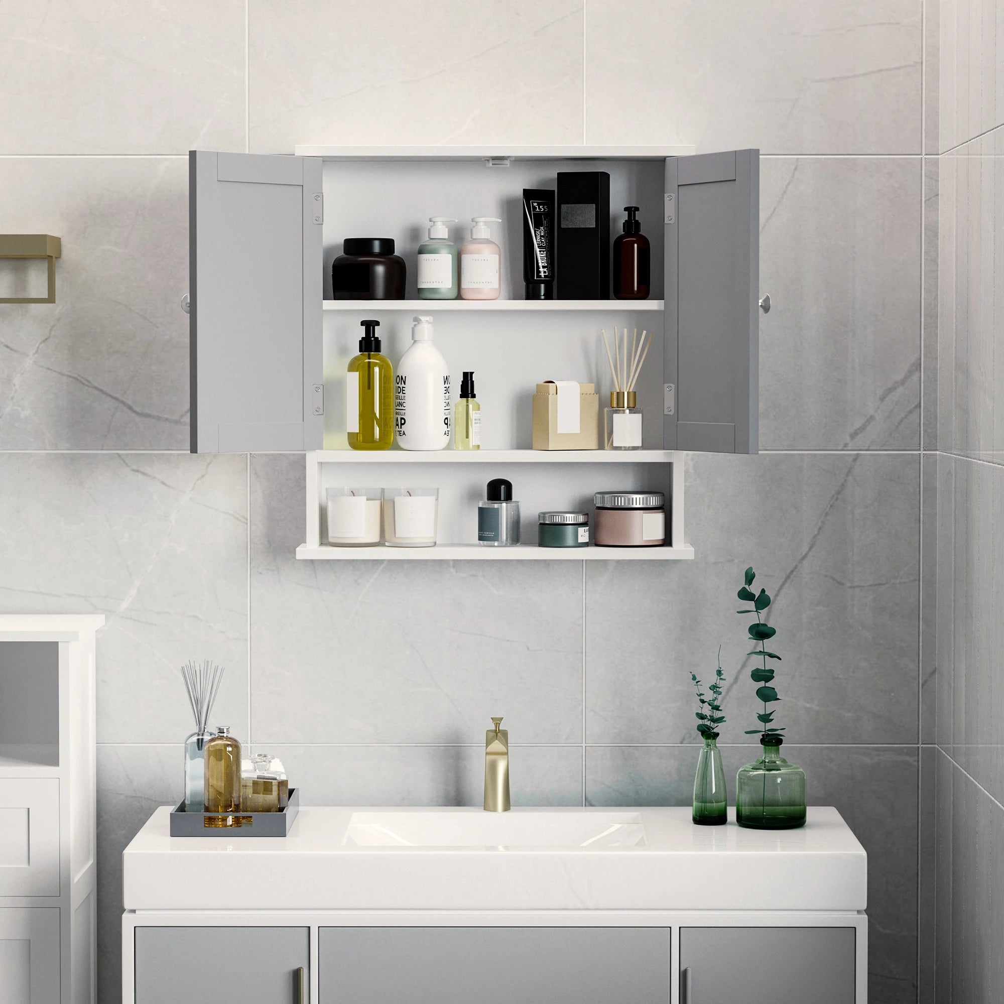 Wall-Mounted Medicine Cabinet, Double Doors, Open Shelf, Adjustable, White and Grey Mirror Medicine Cabinets at Gallery Canada