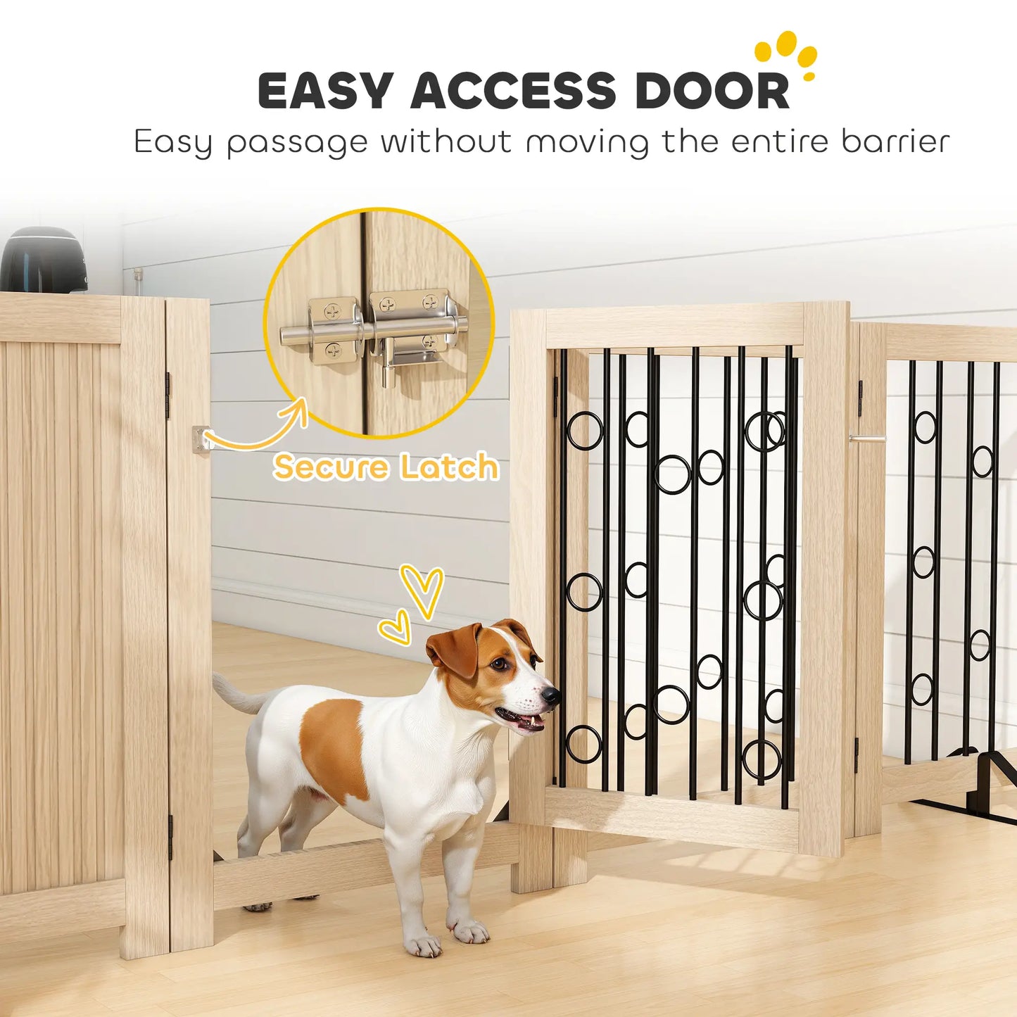 Wooden Foldable Dog Gate, 4 Panels, Walk-Through Door