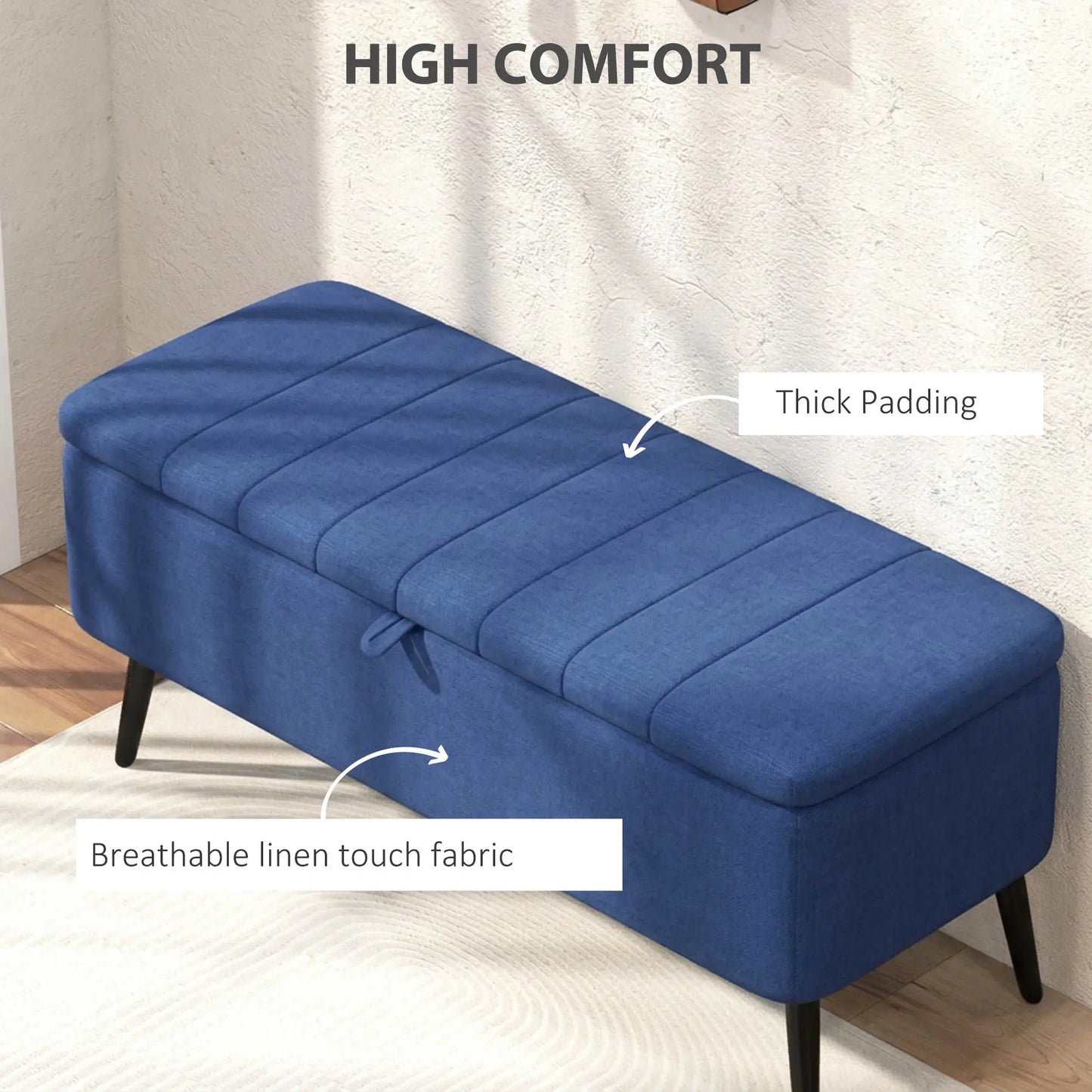 40" Ottoman with Storage, Linen Upholstered Bench, Dark Blue Storage Ottomans & Benches at Gallery Canada