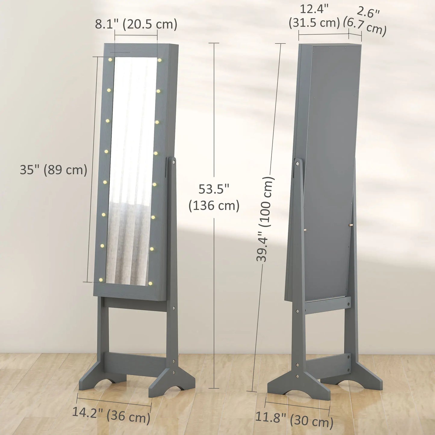 Free Standing Armoire Organizer, Lighted Mirrored Jewelry Cabinet, Grey Jewellery Armoire & Jewellery Mirror Cabinets at Gallery Canada